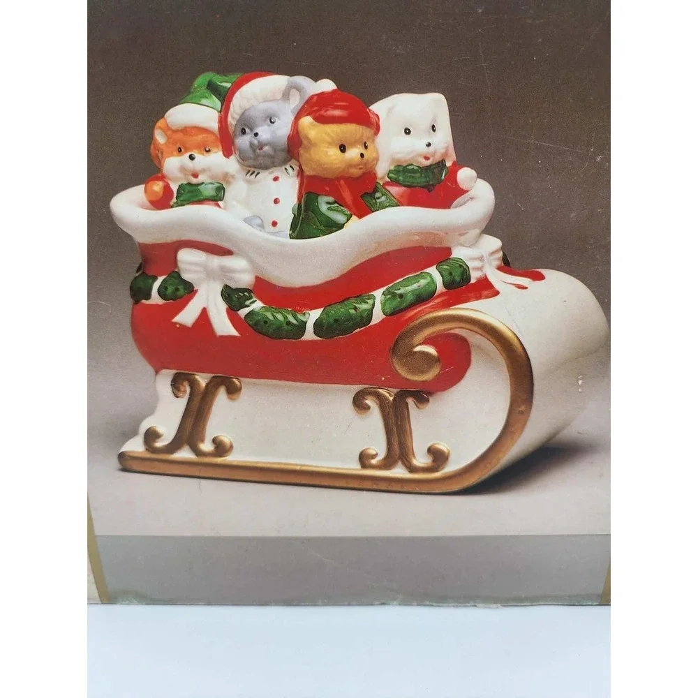 Vintage Christmas Ceramic Cookie Jar Santa Sleigh Animals cat bear